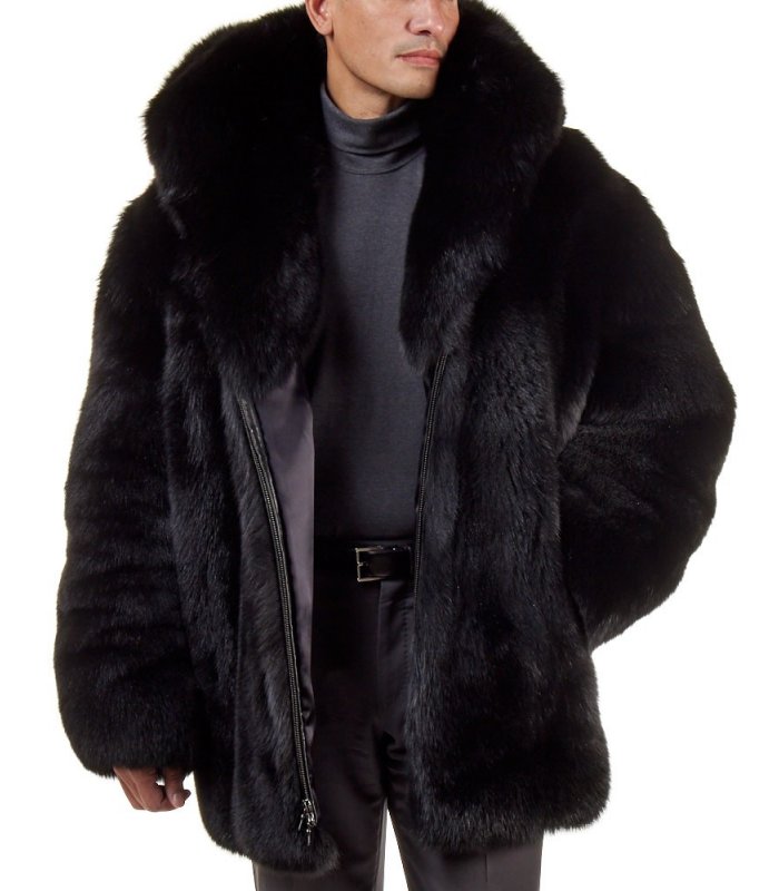 Mid Length Black Fox Fur Coat For Men, Jamie Black Fox Fur Hooded Pocket Coat