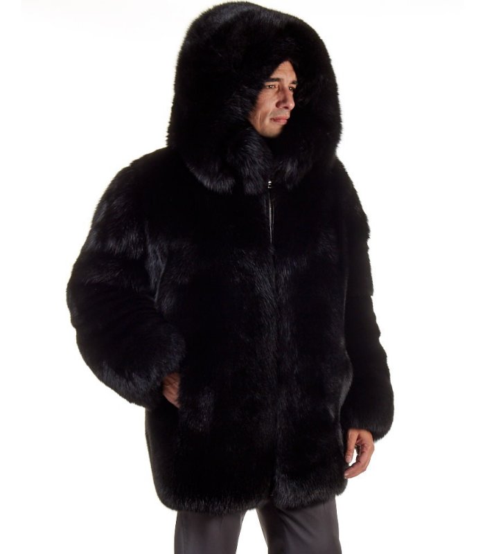 Mid Length Black Fox Fur Coat For Men, Black Fox Fur Hooded Coat