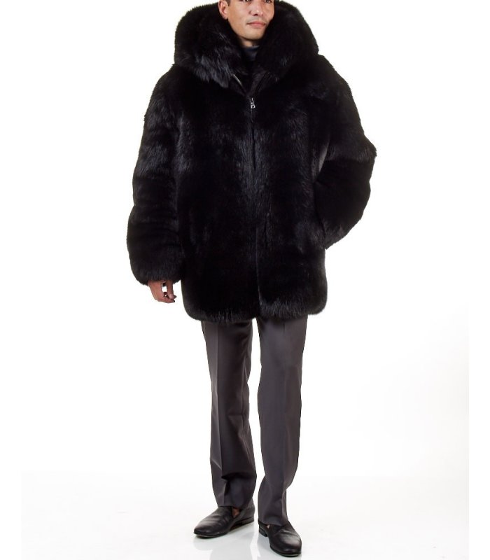 Mid Length Black Fox Fur Coat for Men: FurSource.com
