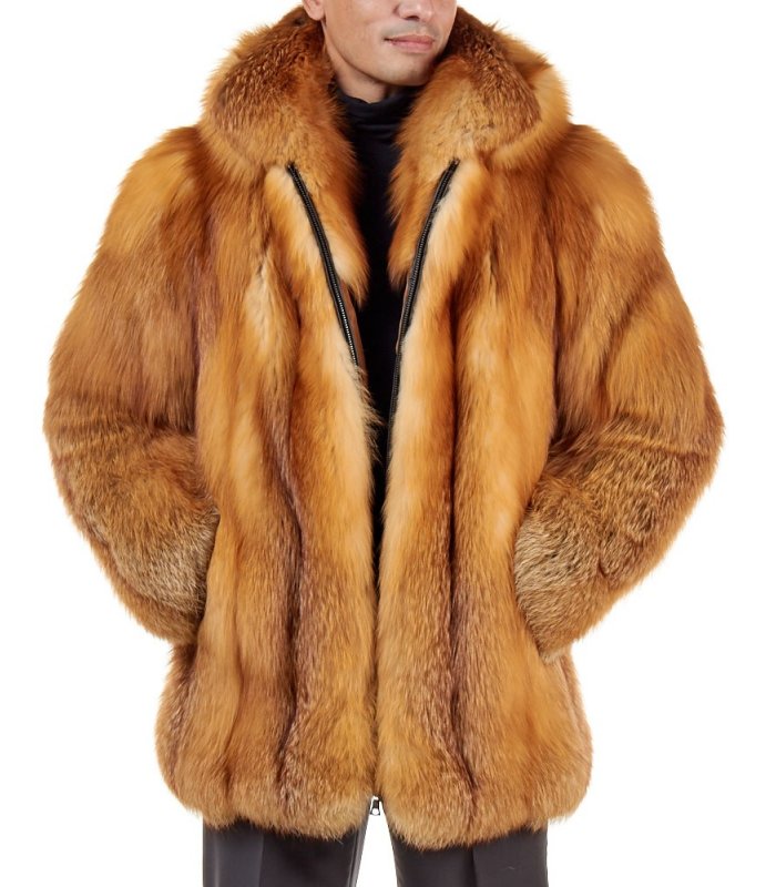 Mid Length Red Fox Fur Coat For Men, Fur Coat Jacket Mens