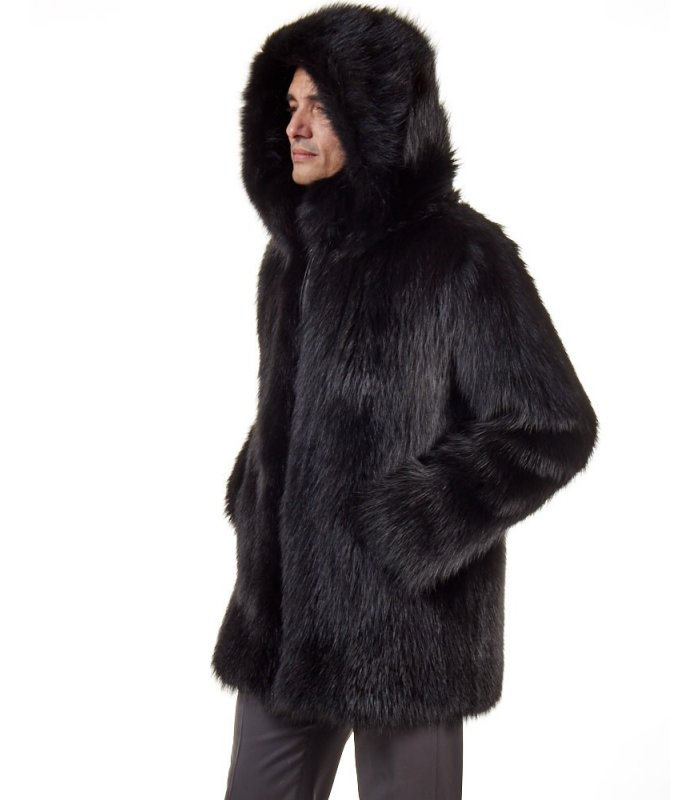 Mid Length Black Raccoon Fur Coat for Men: FurSource.com
