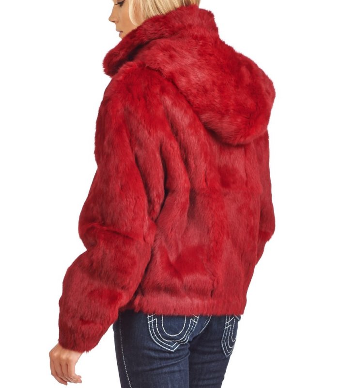 Scarlet Rabbit Fur Bomber Jacket with Hood