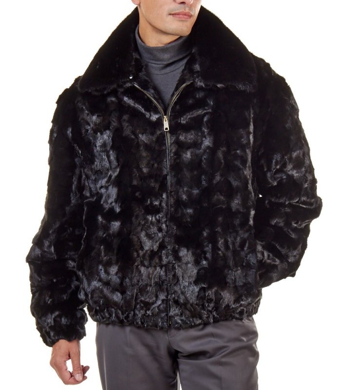Mosaic Mink Bomber Jacket for Men in Black: FurSource.com