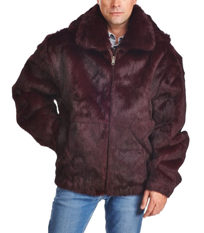 Burgundy Rabbit Fur Hooded Bomber Jacket for Men: FurSource.com