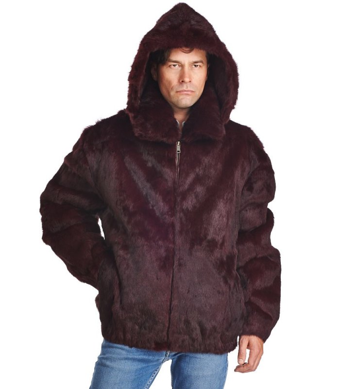 Burgundy Rabbit Fur Hooded Bomber Jacket for Men: FurSource.com