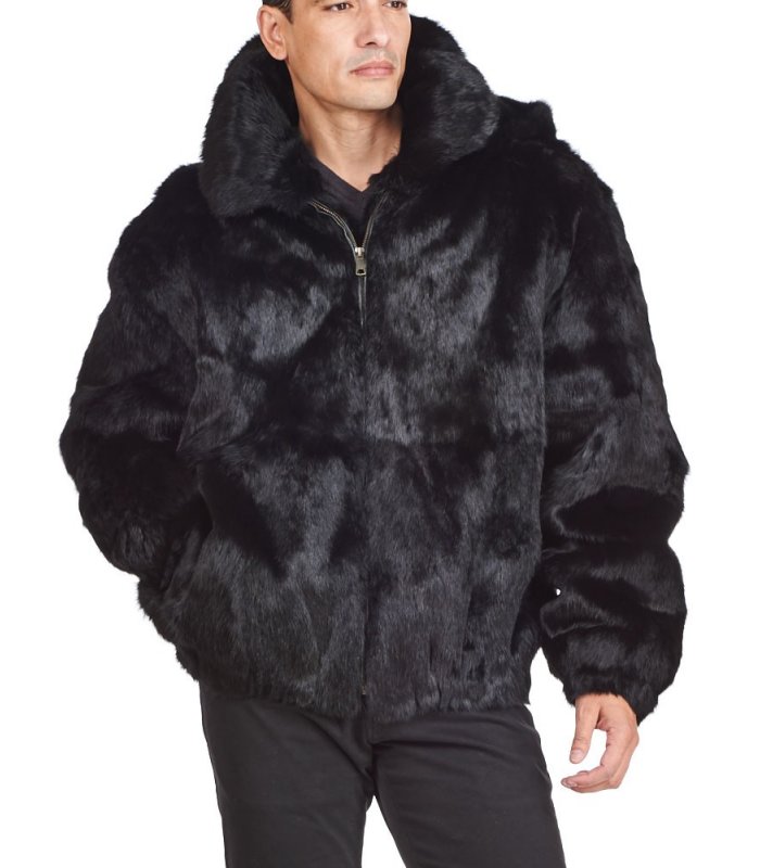 Black Rabbit Fur Hooded Bomber Jacket for Men: FurSource.com
