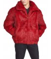 Crimson Rabbit Fur Hooded Bomber Jacket for Men