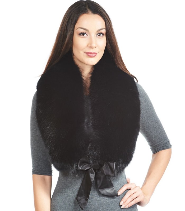 Black Fox Fur Collar with Satin Ties: FurSource.com