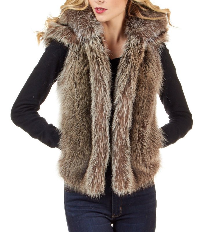 The Natural Raccoon Fur Vest with Collar for Women: FurSource.com