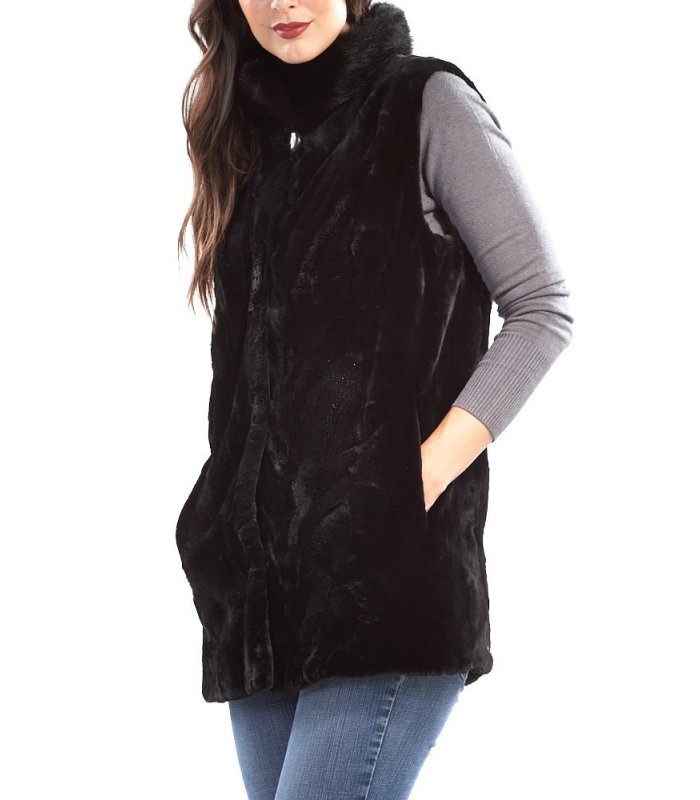 Sectioned Sheared Mink Fur Vest in Black: FurSource.com