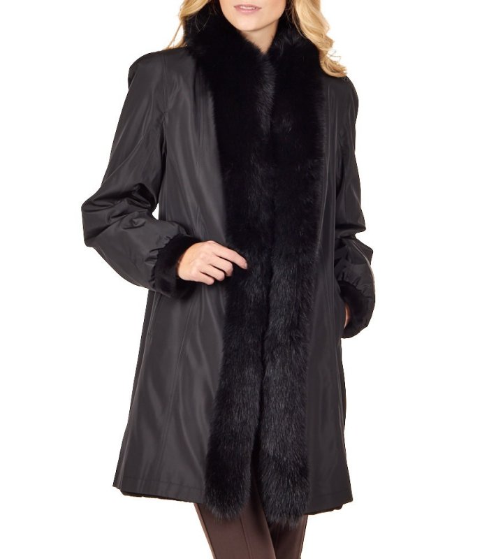 Reversible Sheared Mink Fur Coat with Fox Trim in Black: FurSource.com