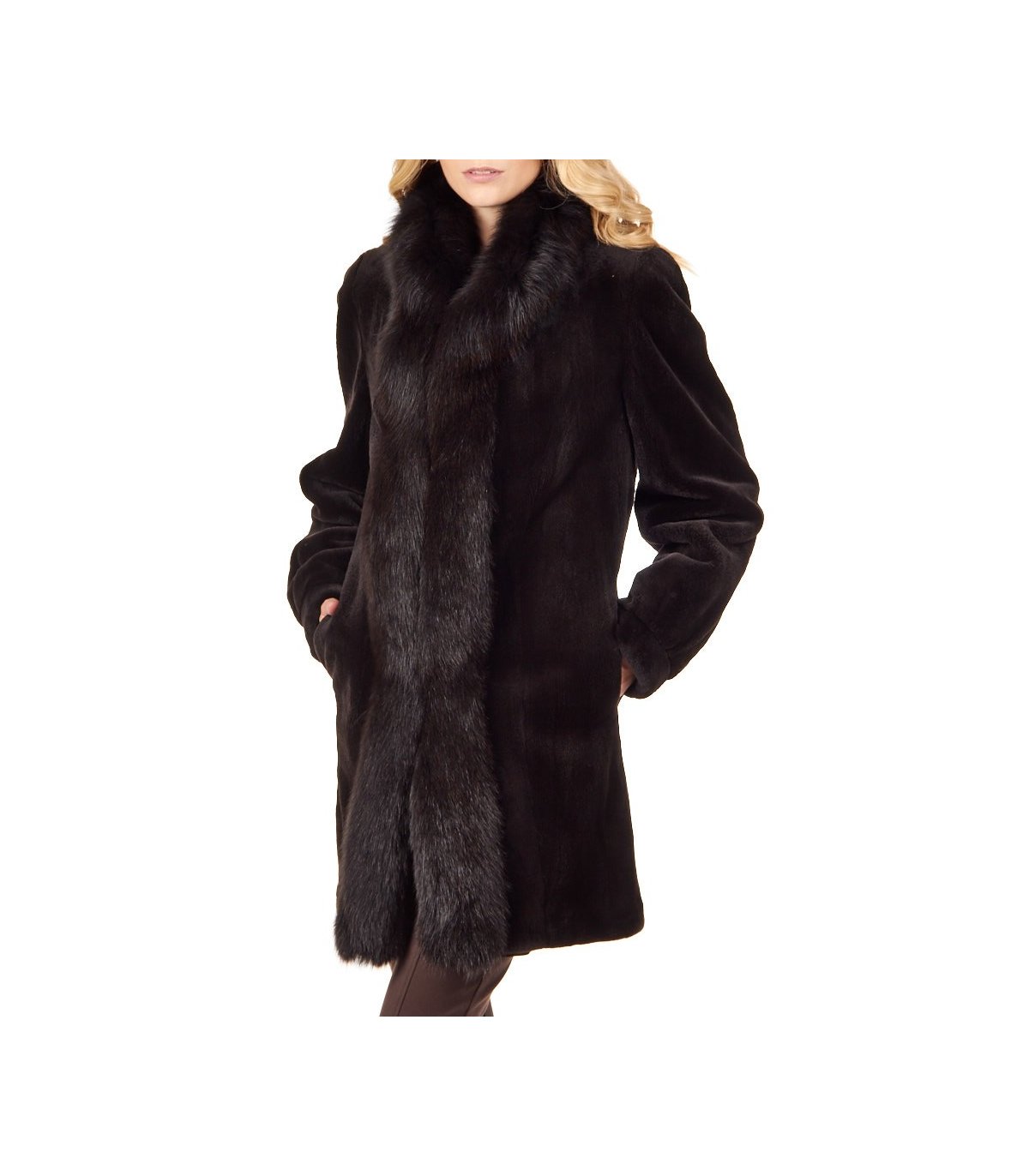 Reversible Sheared Mink Fur Coat with Fox Trim in Brown: FurSource.com