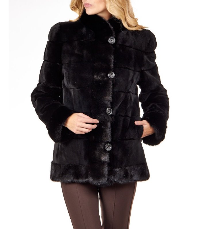 Layered Sheared Mink Coat with Long Hair Mink Trim & Cuffs: FurSource.com