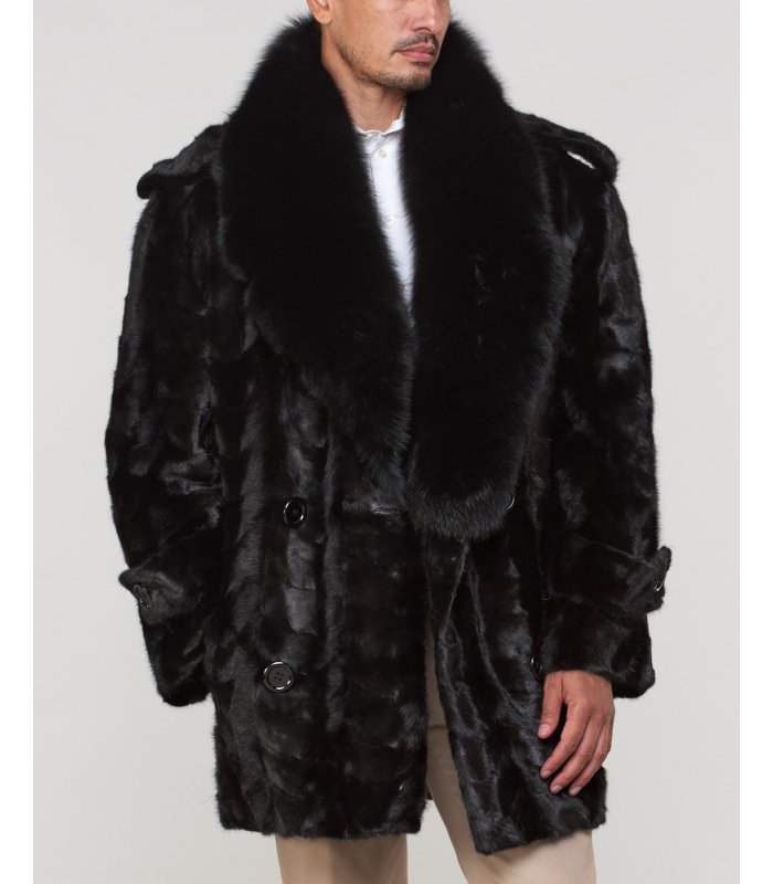 Mosaic Black Mink Pea Coat For Men, Mens Black Mink Coat