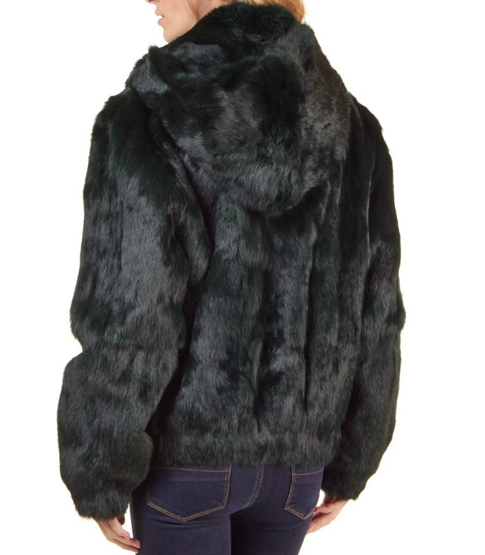 Evergreen Rabbit Fur Bomber Jacket with Hood: FurSource.com