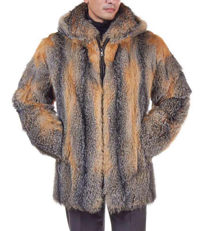 Mid Length Natural Grey Fox Fur Coat for Men