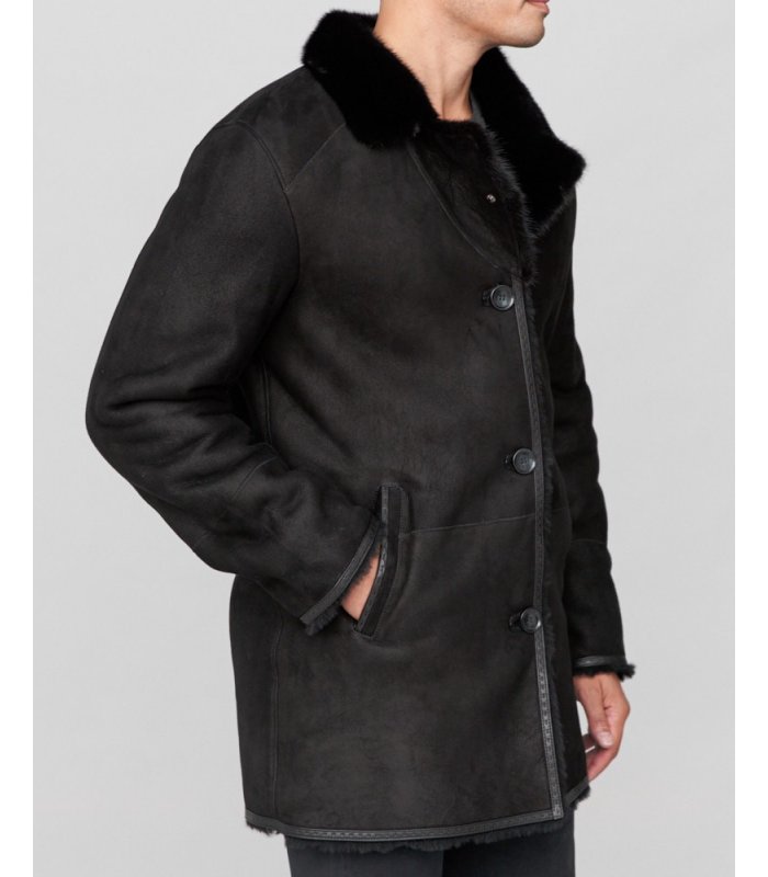Shearling Sheepskin Jacket with Mink Fur Trim in Black