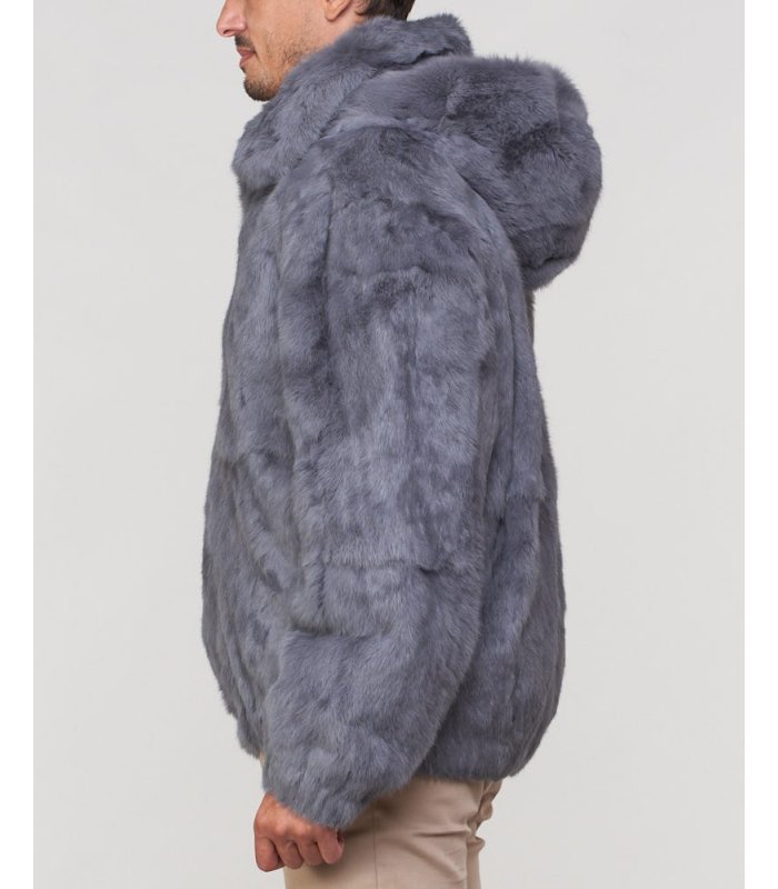 Grey Rabbit Fur Hooded Bomber Jacket for Men