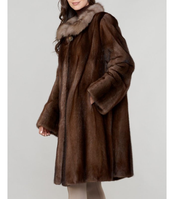 Long Hair Mink Fur Coat With Sable, Fur Coat Brown Long Hair