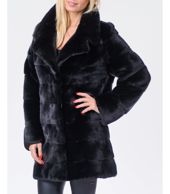 Black SAGA Mink Coat with Notch Collar: FurSource.com