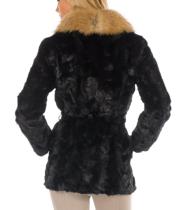 Sculptured Fur Coat - Black Mink Fur with Raccoon Fur Collar: FurSource.com