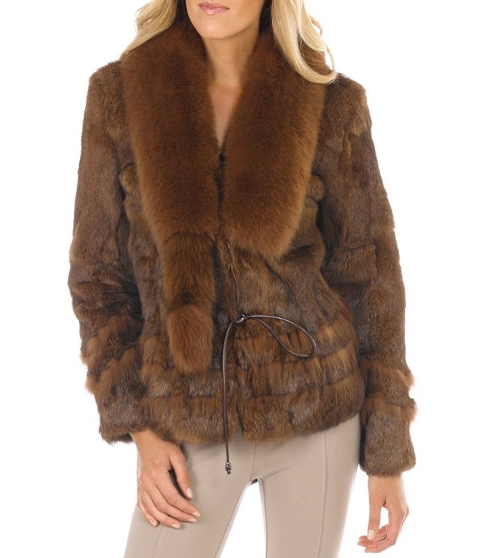 nul Kinematik afregning Fur Jacket - Rabbit Fur with Fox Fur Collar - Brown: FurSource.com