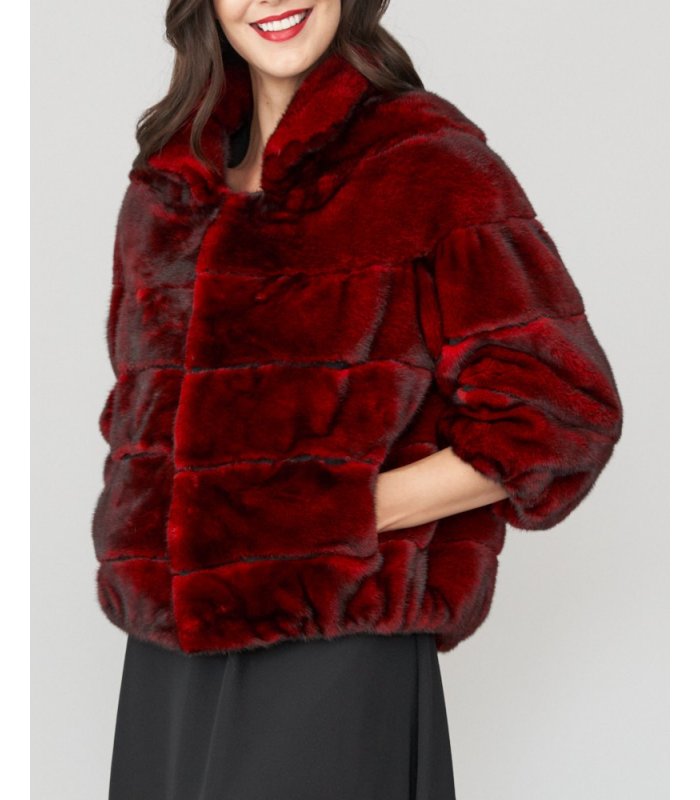 3/4 Sleeve Long Hair Mink Fur Jacket in Scarlet: FurSource.com