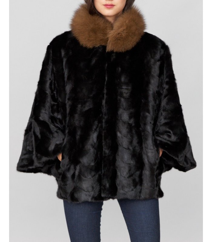 YR Love Womens Real Mink Fur Cape Shawl Stole Jacket&Fox Fur Collar