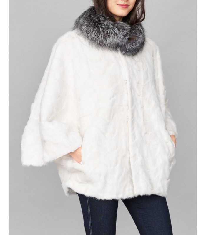 Pieced White Mink Fur Cape with Silver Fox Fur Collar: FurSource.com