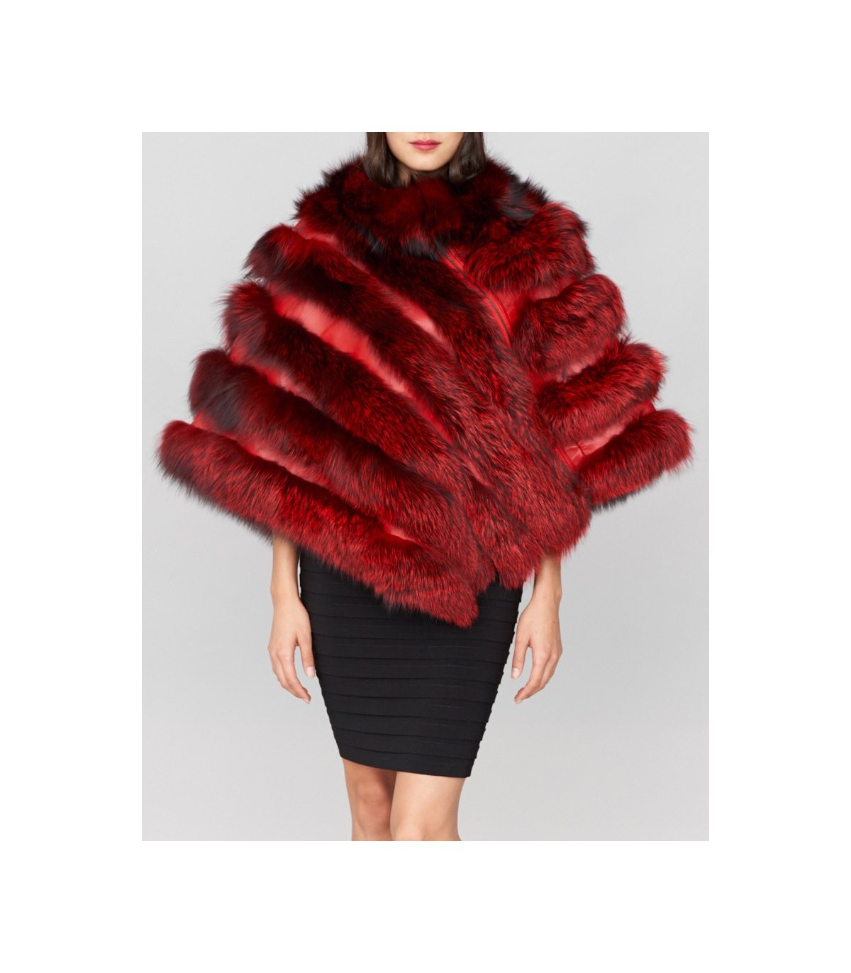 Asymmetrical Tiered Fox Fur Poncho in Red: FurSource.com