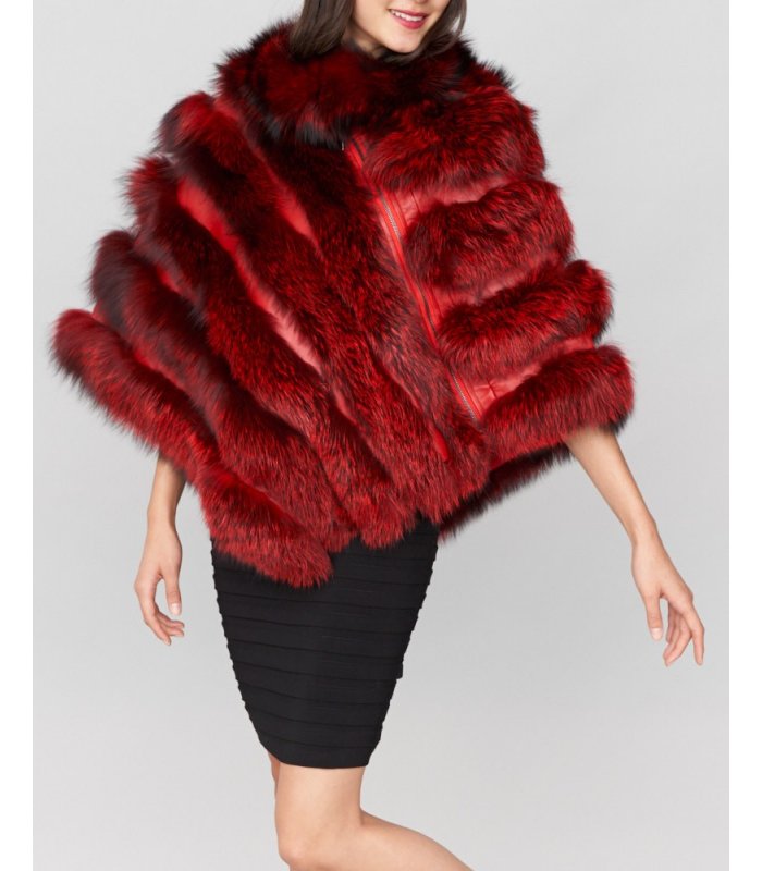 Asymmetrical Tiered Fox Fur Poncho in Red: FurSource.com