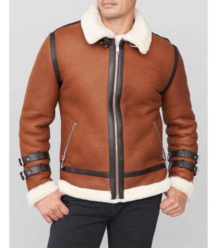 Shearling Sheepskin Moto Jacket in Brown