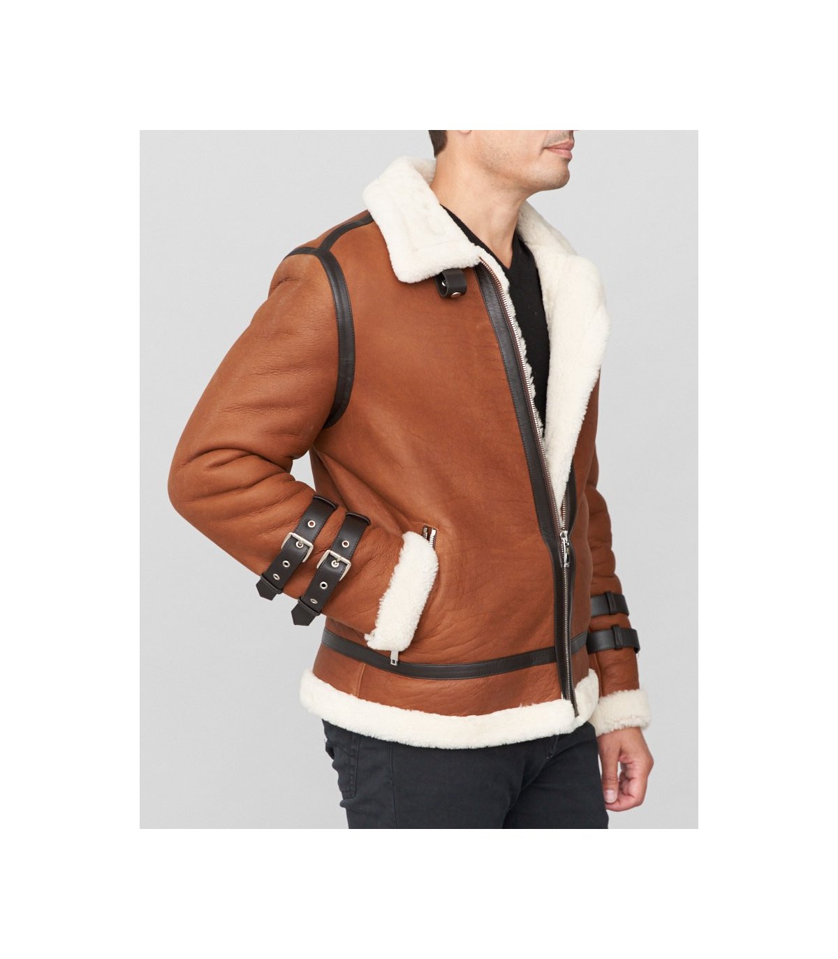 Shearling Sheepskin Moto Jacket in Brown: FurSource.com