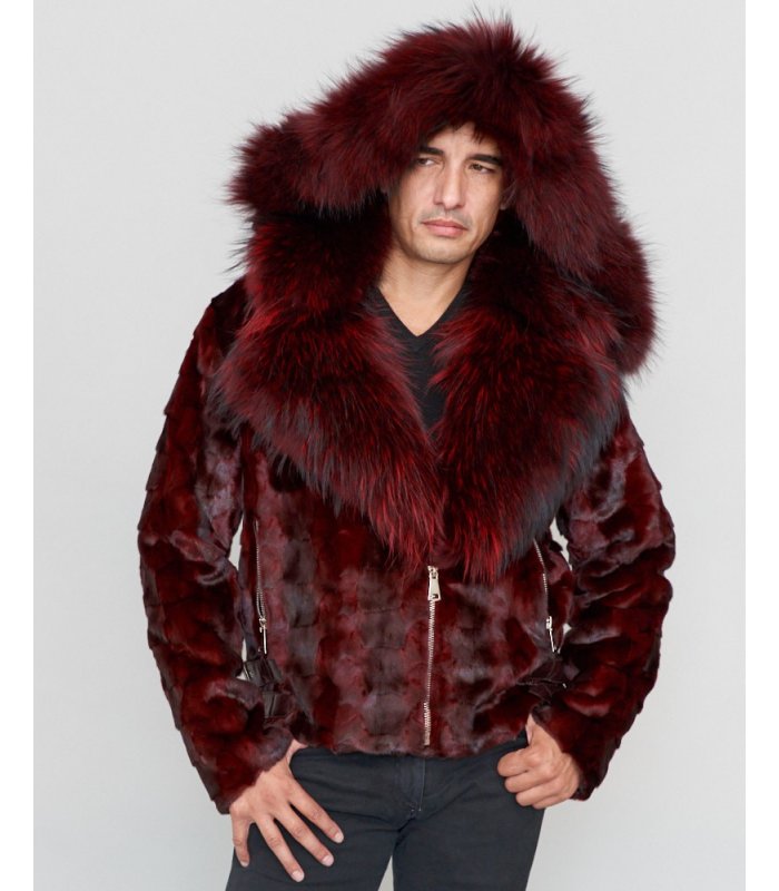 Mink Moto Jacket with Fox Collar & Hood in Burgundy for Men: FurSource