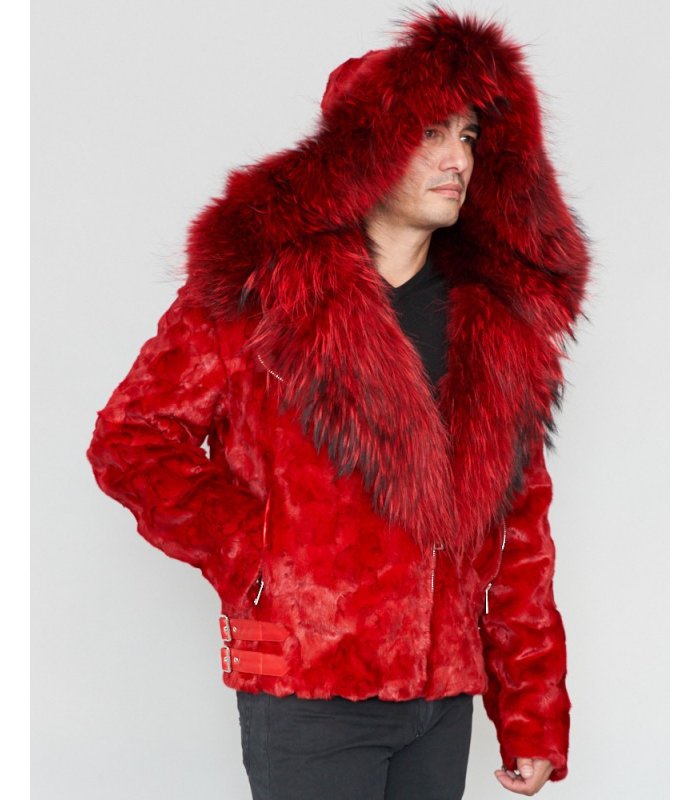 Mink Moto Jacket with Fox Collar & Hood in Red for Men: FurSource