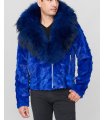 Mink Moto Jacket with Fox Collar & Hood in Royal Blue for Men