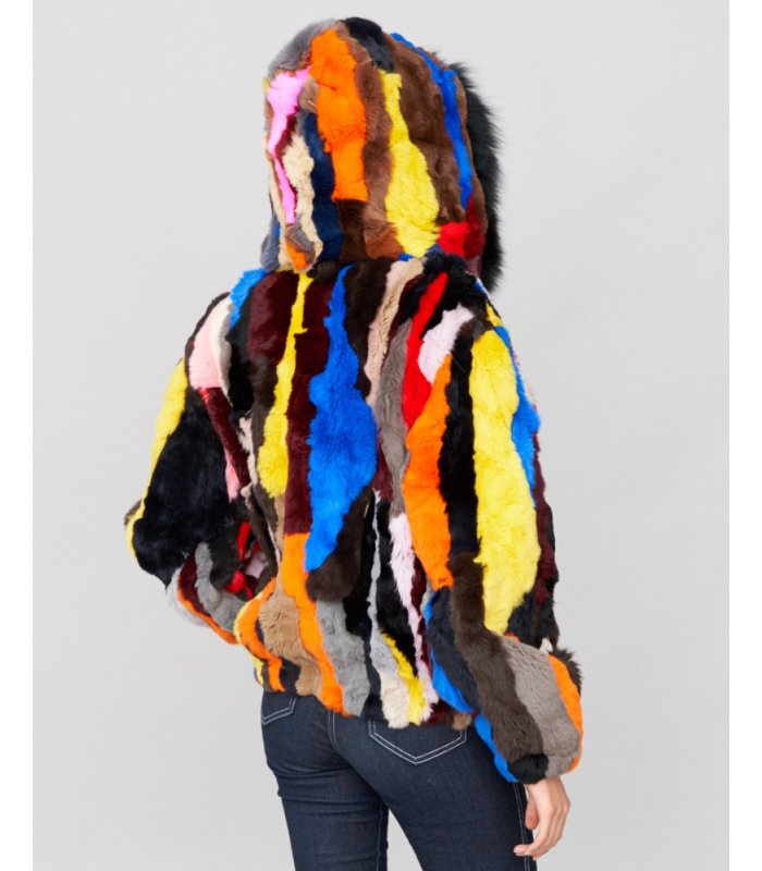 Multi Color Rabbit Fur Bomber Jacket with Hood