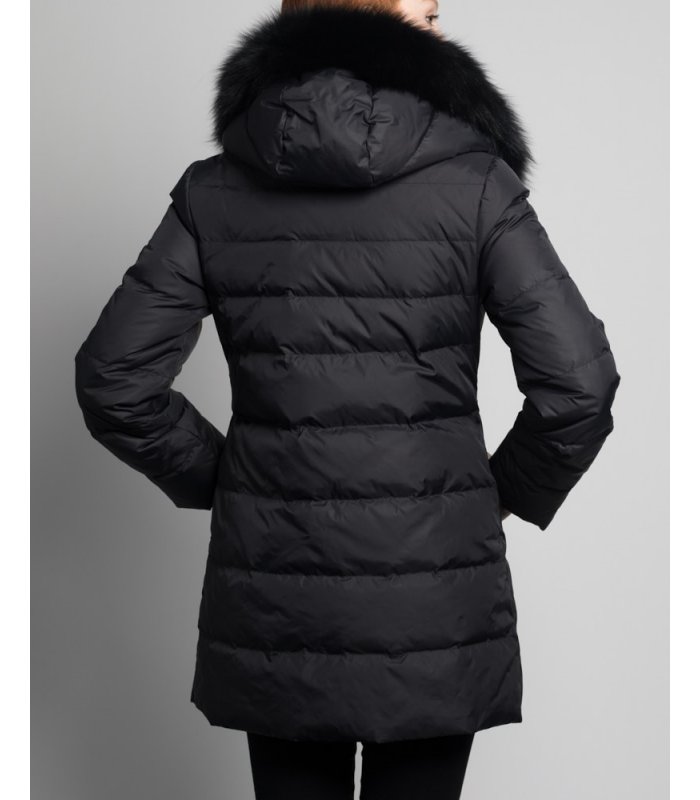 Midlength Black Down Filled Coat with Fox Fur Hood Trim: FurSource.com