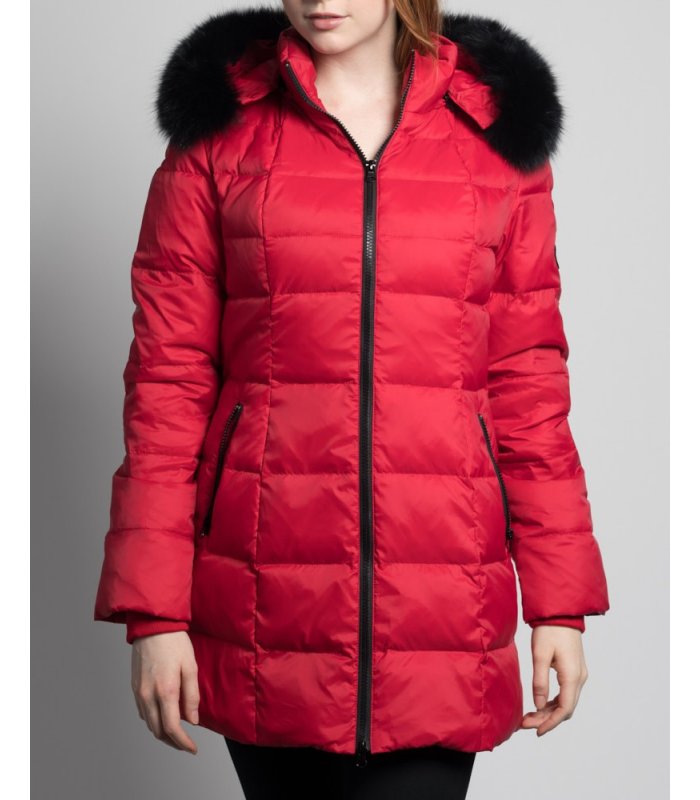 Midlength Red Down Filled Coat with Fox Fur Hood Trim: FurSource.com
