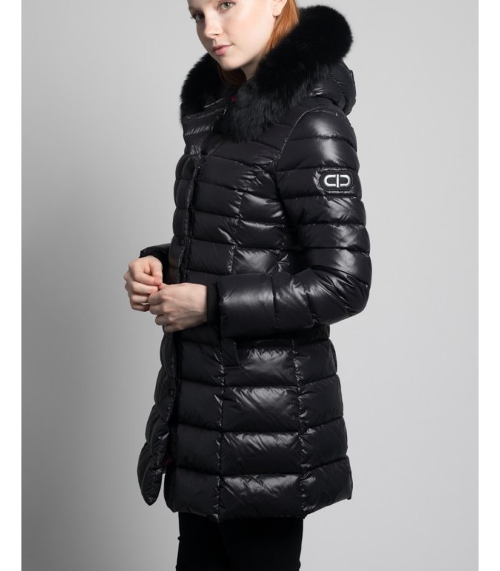 Polished Black Down Filled Coat with Fox Fur Hood Trim: FurSource.com