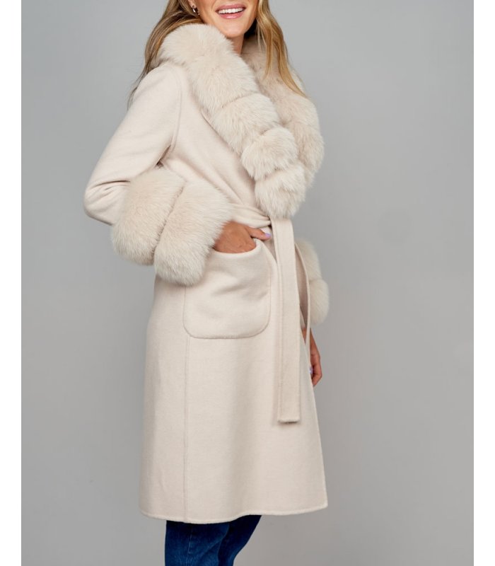 October Wool Wrap Coat With Fox Fur, Wool Coats With Fur Trim