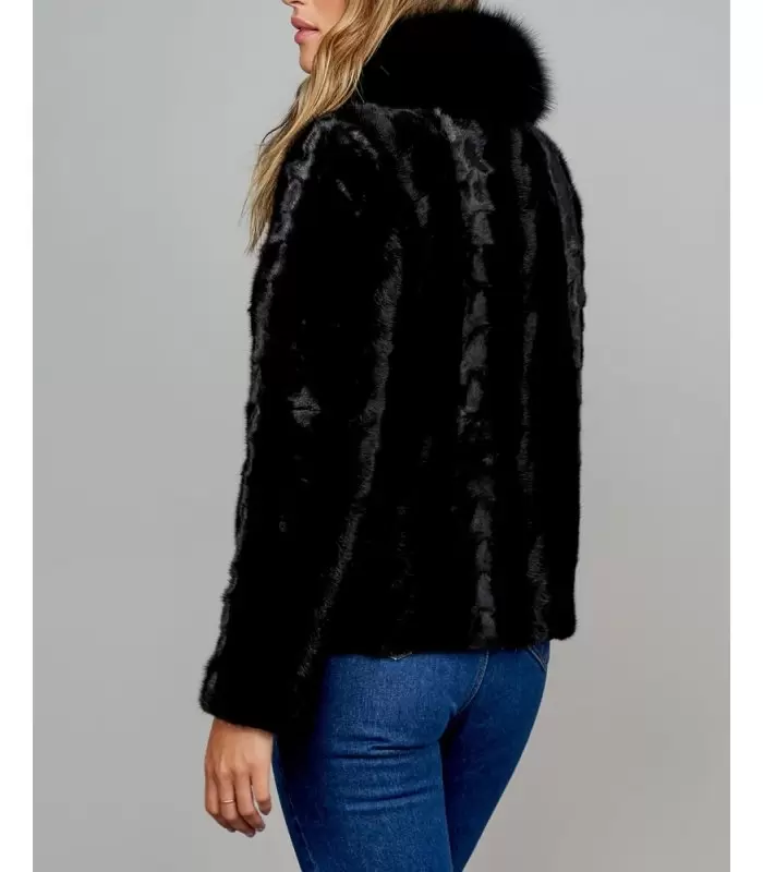 Regina Mosaic Mink Jacket in Black with Fox Fur Collar