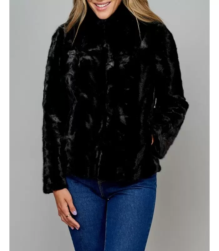 Regina Mosaic Mink Jacket in Black with Fox Fur Collar