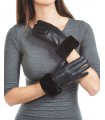 Black Sheared Beaver Fur Trim Leather Gloves - Wool Lined