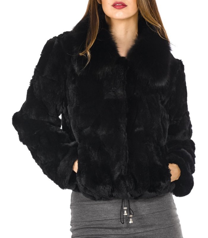 Fur Jacket - Rex Rabbit Fur with Fox Fur Collar - Black: FurSource.com