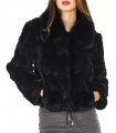 Fur Jacket - Rex Rabbit Fur with Fox Fur Collar - Black