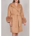 Wool Wrap Trench Coat with Fox Fur in Camel