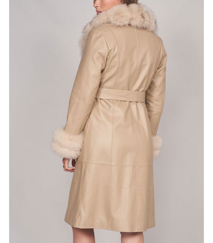 Leather Trench Coat With Fox Fur Collar, White Coat With Fur Collar And Cuffs