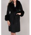 Wool Wrap Coat with Fox Fur in Black