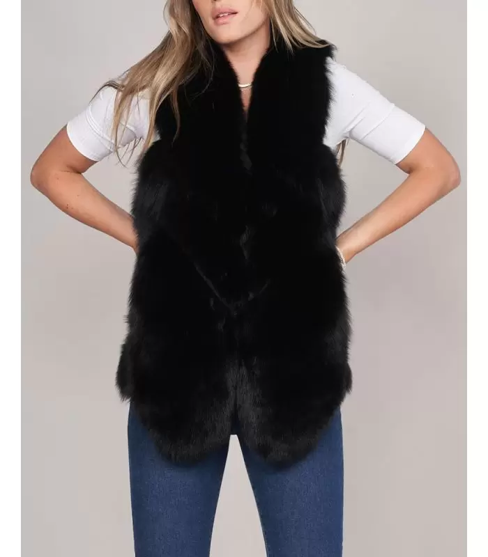 Fox Fur Long Vest in Black